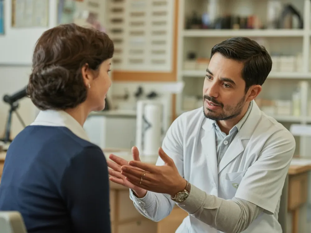 A pharmacist talking with a patient and gesturing as they explain (illustration)
