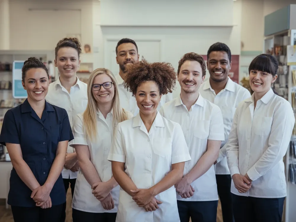 A team of pharmacy staff standing together in a pharmacy (illustration)
