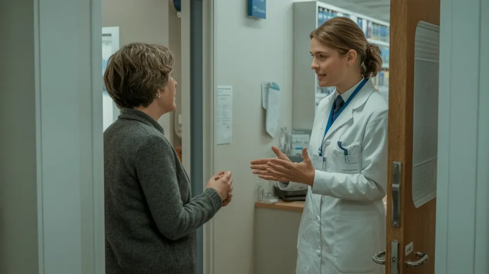 A pharmacist talking with a patient in a pharmacy consultation area (illustration)