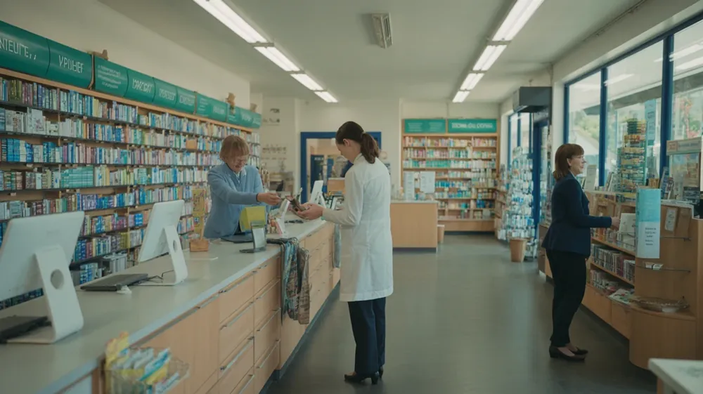 Inside a community pharmacy with a pharmacist at the counter and a customer browsing the shelves (illustration)